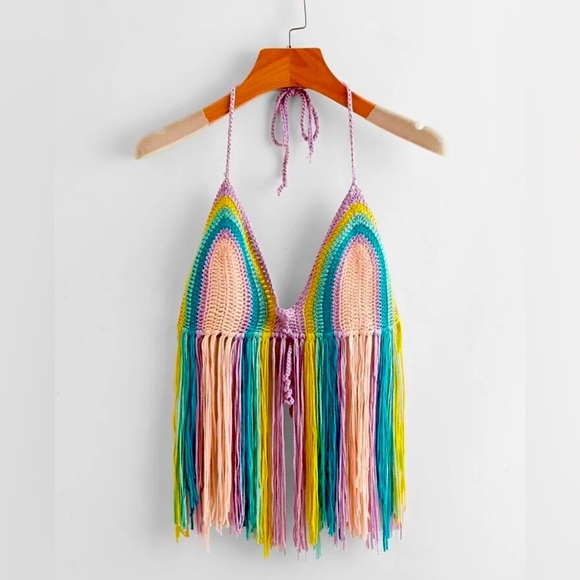 Women’s Boho Fringe Tied Crochet Halter Multicolor Cover Up Top NWT Sz M - Picture 1 of 8
